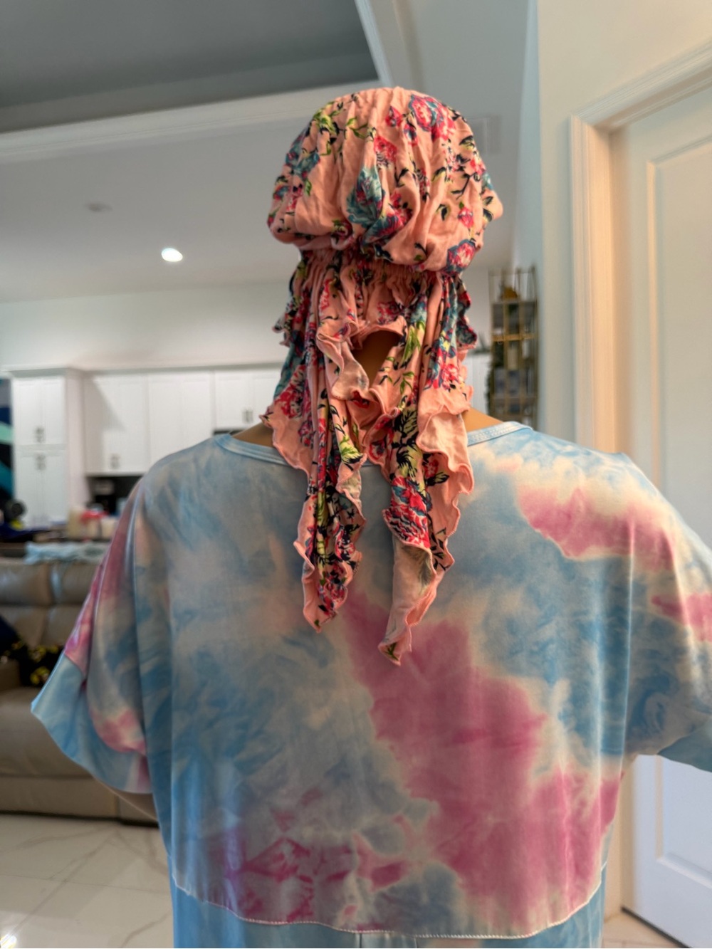 Pink Floral bandana with Ruffled Ties